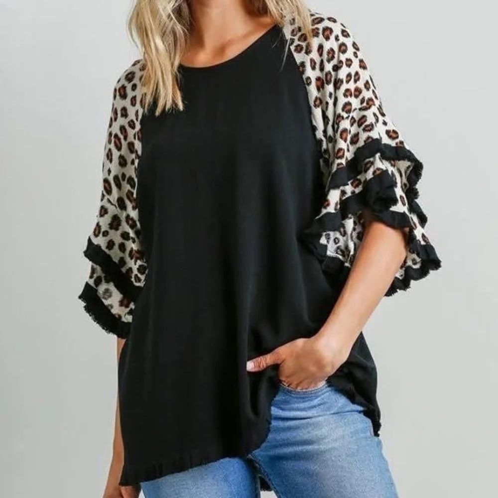 Umgee XL Boho Linen Blend Leopard Print Tiered Bell Sleeve Tunic Top